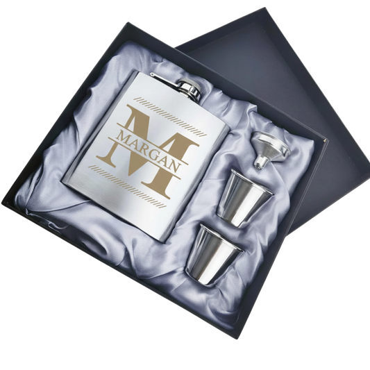 Personalised Engraved Stainless Steel Hip Flask Gift Set