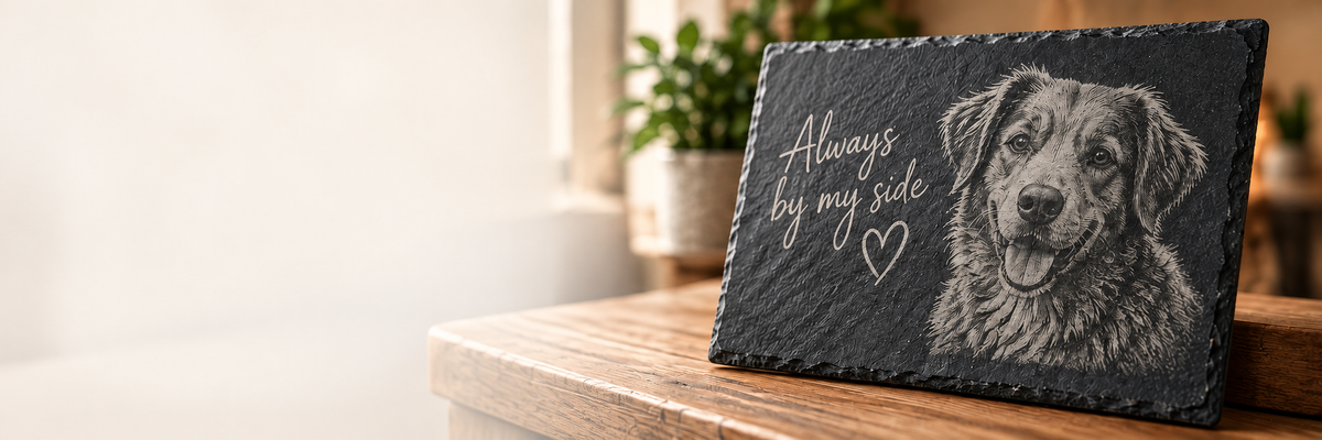 Illustration of a golden retriever portrait engraved on natural slate in a warm home setting