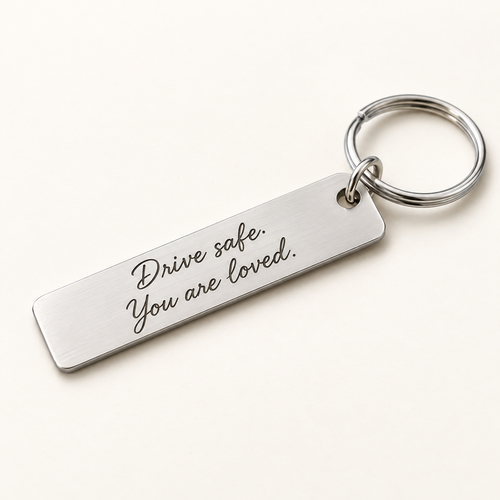 Illustrative silver personalised bar keyring with Drive safe. You are loved. sample engraving