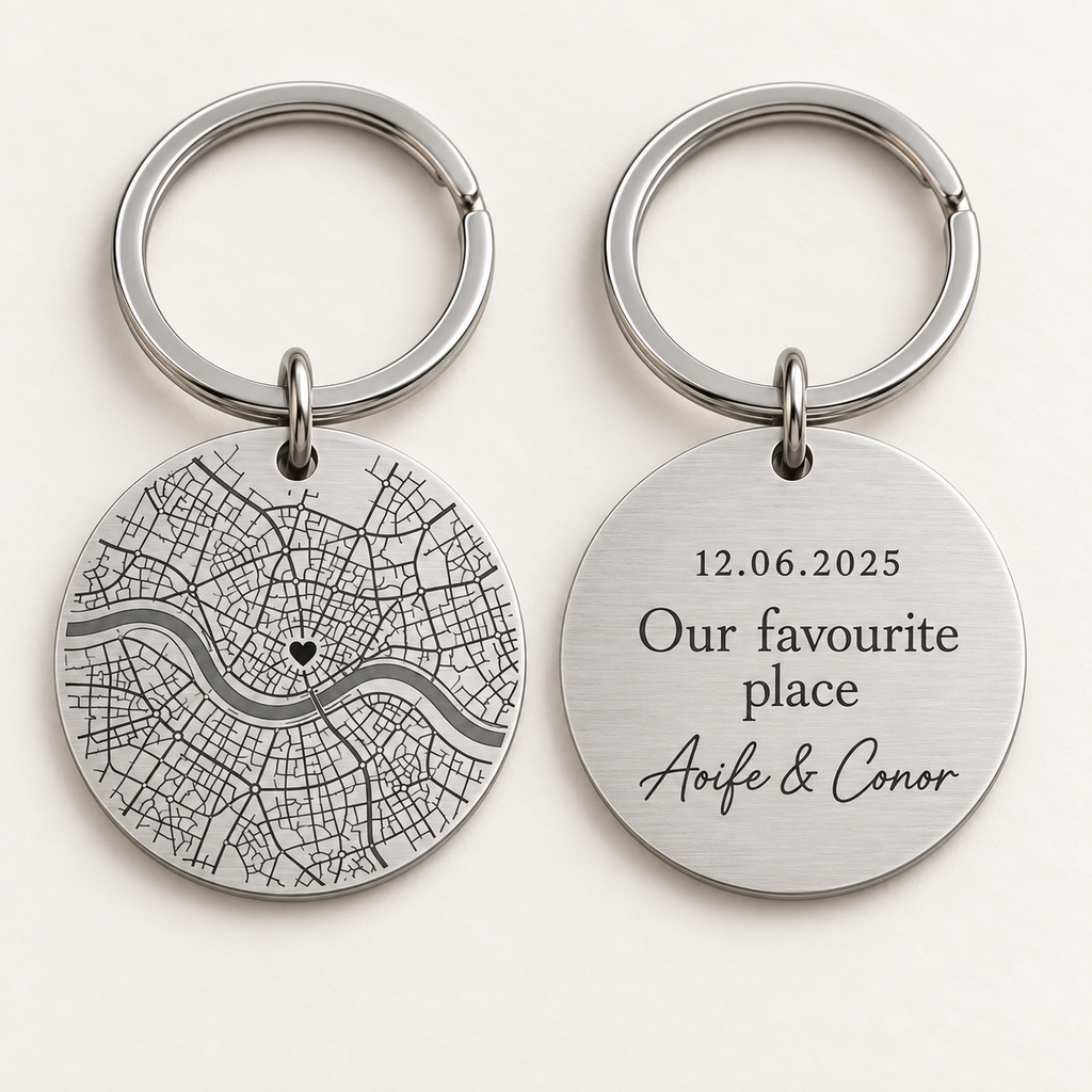 Front and back examples of a personalised map keyring with a date, message and names