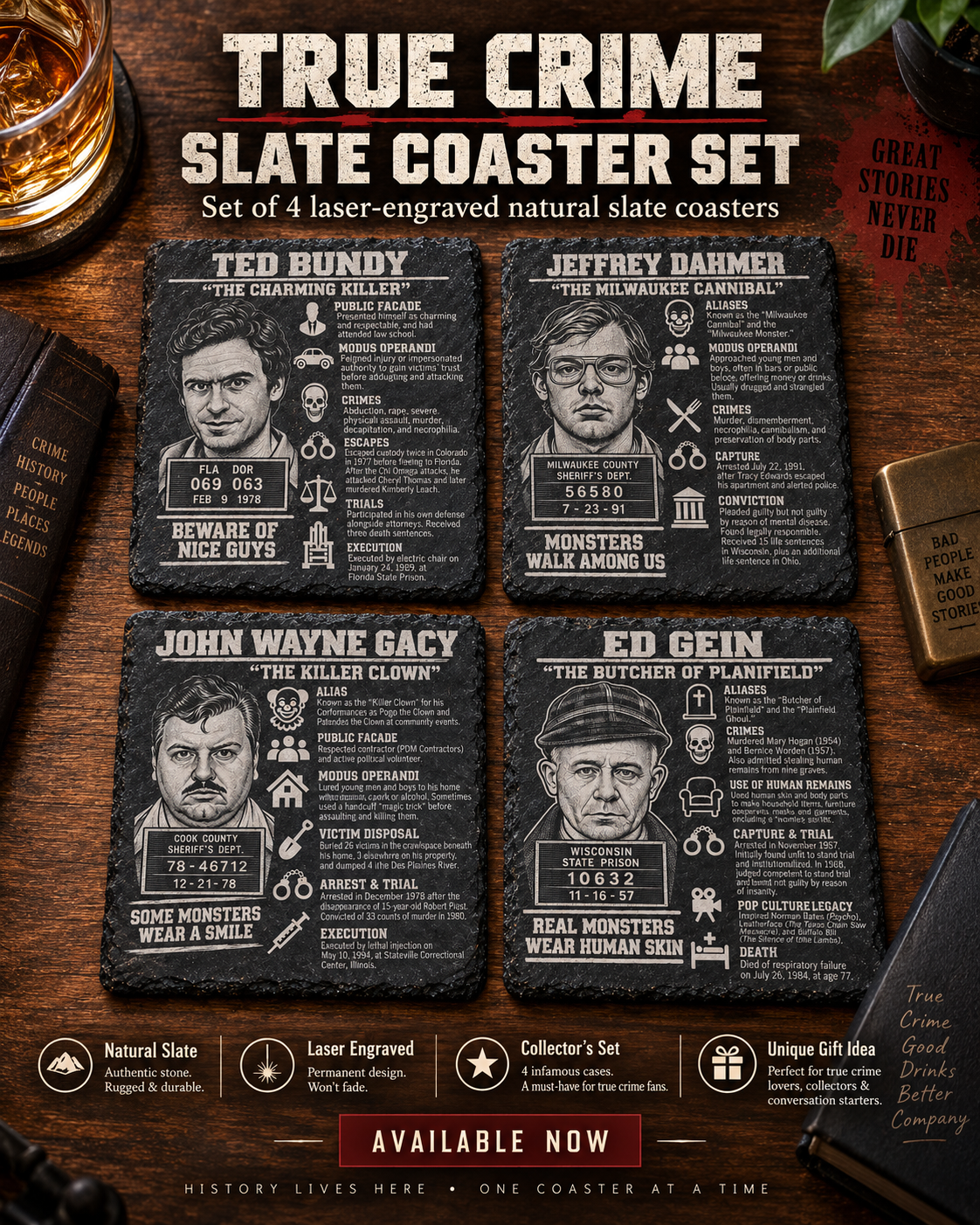 True Crime Slate Coaster Set showing four laser-engraved natural slate coasters on a wooden table